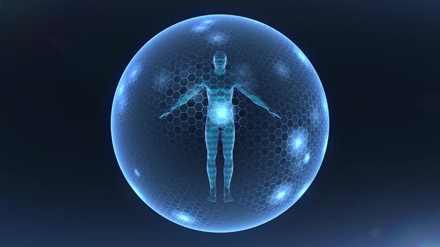 Human body protected by spherical barrier, hologram of a person with protective field glowing in many places keeping him safe, blue hexagonal grid protecting a man from danger.