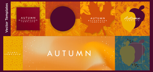 Set of Autumn-themed Templates for posters, backgrounds, covers, social media post, story, flyers, layouts. Hand drawn autumn elements. Liquid Gradient banner. Editable Vector. EPS 10.