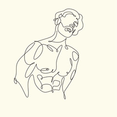 Men line art vector. Continuous one line drawing of man portrait. Muscular man body, Hairstyle. Fashionable men's style.	