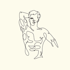 Men line art vector. Continuous one line drawing of man portrait. Muscular man body, Hairstyle. Fashionable men's style.	