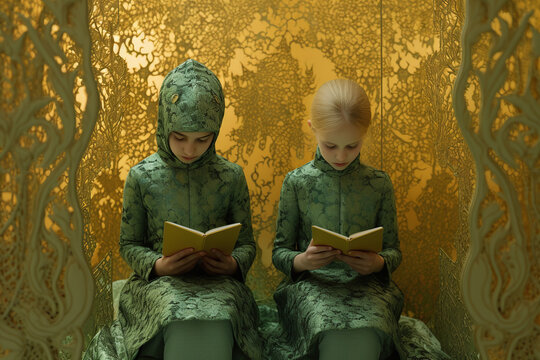two girls wearing hijabs study the quran. Generative AI. 