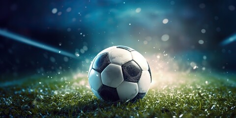 Fototapeta premium AI Generated. AI Generative. Soccer football ball on green grass field stadium. Sport game motivational promotion inspirational poster decoration. Graphic Art