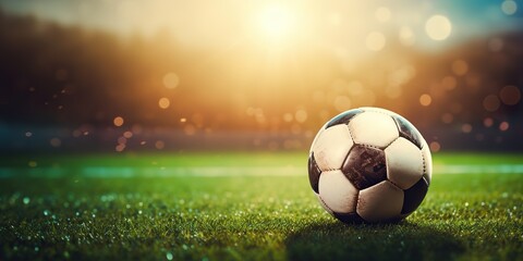Fototapeta premium AI Generated. AI Generative. Soccer football ball on green grass field stadium. Sport game motivational promotion inspirational poster decoration. Graphic Art