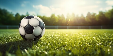 Fototapeta premium AI Generated. AI Generative. Soccer football ball on green grass field stadium. Sport game motivational promotion inspirational poster decoration. Graphic Art