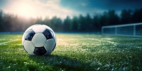 Fototapeta premium AI Generated. AI Generative. Soccer football ball on green grass field stadium. Sport game motivational promotion inspirational poster decoration. Graphic Art