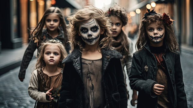 Little girls whith spooky Halloween makeup. Creepy and scary autumn holiday costumes on children for Halloween celebration. Generative AI.