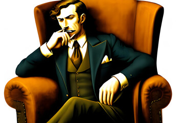 Detective in an armchair with a pipe in his mouth. Generative ai
