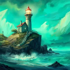 Zelfklevend Fotobehang Fantasy landscape. Lighthouse on island in a stormic sea against dramatic turquiose sky with cumulus clouds. Fairytale scene. Generative AI illustration. © Valeriy