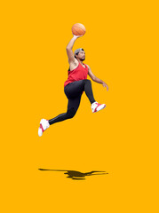 Fototapeta na wymiar Basketball fun concept. We love basketball. Asian basketball player jumping on background with clipping path