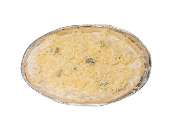 Raw four cheese pizza isolated on white background.