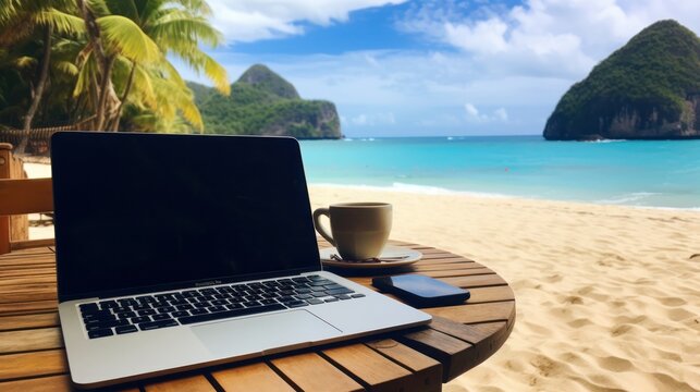 Laptop computer with hat and sunglasses on the tropical beach with sea and island background