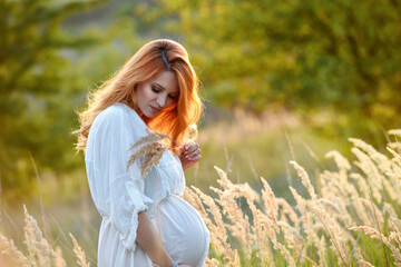 Fototapeta na wymiar Beautiful pregnant woman in white cotton dress in the summer meadow on a sunset. Concept of pregnancy, maternity, expectation for baby birth.