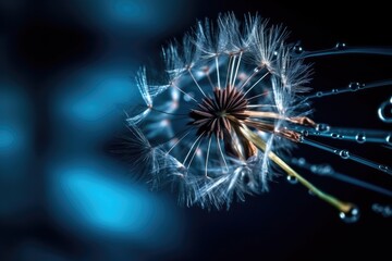 Dandelion seeds on dark blue background. Generative AI