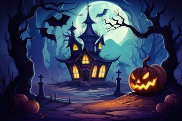 Traditional Colored Sketch Drawing of Spooky House with Scary Pumpkins Halloween Background generative AI.