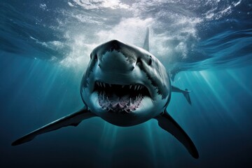 Shark in Attack Mode with Open Mouth Leaping Out of Water generative AI