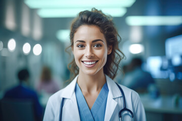 Fototapeta premium Female doctor smiling at the hospital. Generative AI.