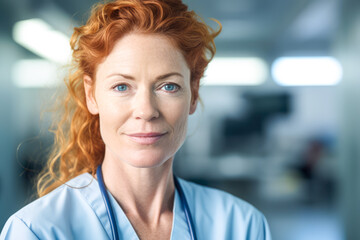 Close up portrait of a redhead woman doctor smiling outdoors. Generative AI.