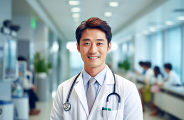 Portrait of young Asian male doctor smiling in the medical room at hospital. Generative AI.