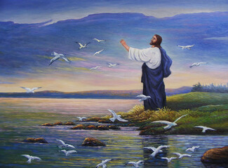 Naklejka premium Original of oil painting of Jesus Christ feeds birds at the seaside in the evening show chrsitian belief God will also take care of the peple who believe in him, trust and faith concept