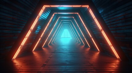 Glowing neon triangle tunnel colorful - obrazy, fototapety, plakaty