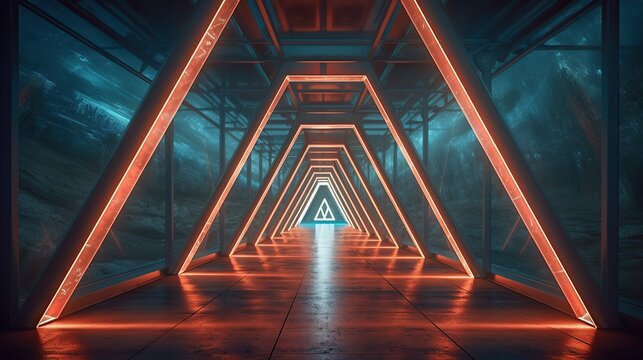 Glowing neon triangle tunnel colorful