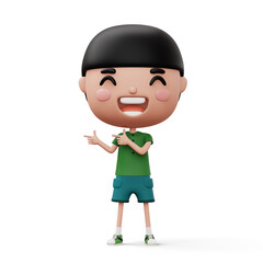 Happy child pointing fingers, cute boy cartoon character, 3d rendering