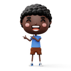 Happy child pointing fingers, cute boy cartoon character, 3d rendering
