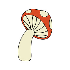 Retro mushroom in the style of the 70s, 60s. Groovy fly agaric isolated on a white background. Vector illustration