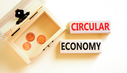 Circular economy symbol. Concept words Circular economy on wooden blocks. Beautiful white table white background. Wooden chest with coins. Business circular economy concept. Copy space.