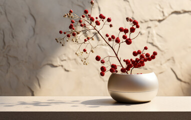 Effortless Elegance: A Stunning Display of Luxurious Organic Cosmetics and Skincare Products on a Minimalistic White Stone Pedestal against a Concrete Backdrop