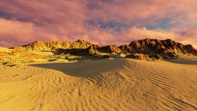 The Place Where the Majestic Desert and the Mountain Pass Connect and Border. The Camera Moves Parallel to the Mountains. The Hot Climate Gives the Mountains a Red Hue.