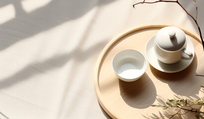Obraz na płótnie Canvas Soothing Serenity: A Delicate White Ceramic Teapot and Teacup Set Graced by Warm Sunlight on a Cream Tablecloth, amidst a Scattering of Leaves and a Brown Straw Mat Tray, Peaceful Timeless Atmosphere