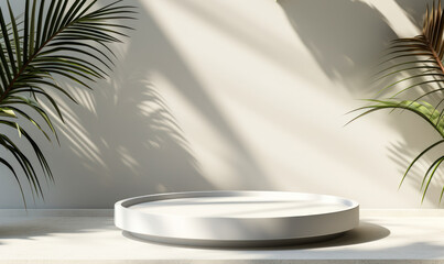 Fototapeta na wymiar Nature-Inspired Beauty: Soothing White Podium Highlighted by Tropical Palm Leaf Shadows, Serving as a Stunning Backdrop for Organic Cosmetics and Skincare Products