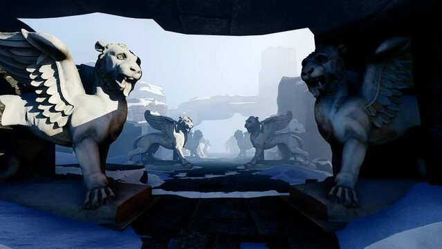 Flight Through an Ancient Ruined Temple With Fantastic Sculptures. Stone Blocks Hang over Marble Sculptures. Figures of Winged Lions Stand in the Ruins of the Temple. 