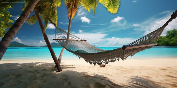 AI Generated. AI Generative. Beach island sand ocean sea vacation relax chill adventure dream sleep shadow hammock with palms.  Graphic Art