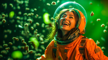 Fototapeta premium Captivating young woman in space suit, joyfully engulfed by swarm of tiny glowing planets on neon green backdrop, symbolizing the thrill of discovery. Generative AI