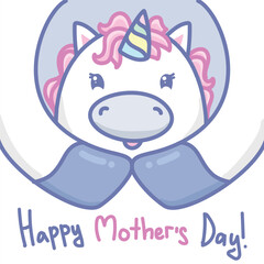 Cartoon greeting card for Happy Mother's Day. Little unicorn in the mother arms. Vector illustration