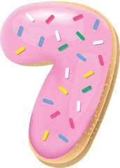 Vector glazed pink number 7 from donut font. Sweet tasty cookie figure. Food illustration