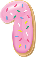 Vector glazed pink number 1 from donut font. Sweet tasty cookie figure. Food illustration
