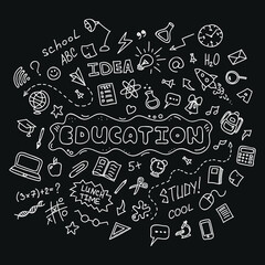 Education concept. Hand drawn school doodles icons set on black board. Vector illustration. 