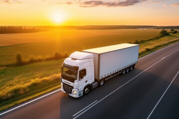 White Truck on Highway at Sunset Generative AI