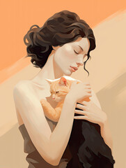 AI Generated Art Minimalistic Portrait of Caucasian white woman with Brown hair that holds a cat on her hands while closing her eyes.  Peach neutral background