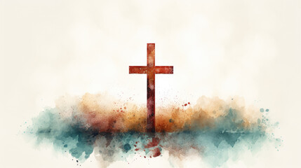 Watercolour pencil illustration of wooden cross. White background with splash pattern behind the cross. A sense of wonder and awe. - obrazy, fototapety, plakaty