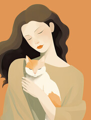 AI Generated Art Minimalistic Portrait of Caucasian white woman with Brown hair that holds a cat on her hands while closing her eyes. Neutral muted peach background