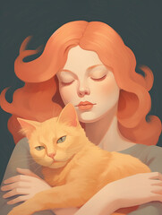AI Generated Art Minimalistic Portrait of Caucasian white woman with Red hair with a cat on a neutral peach grey background.png