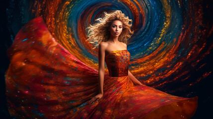 Stunning young woman in vibrant dress, mesmerized by a swirling galaxy encircling her against black backdrop, encapsulating cosmic wonder. Generative AI