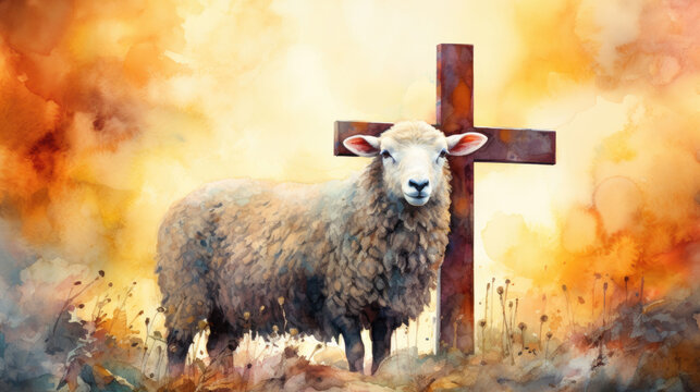 Watercolour pencil illustration of wooden cross and sheep standing next. Colorful background with splashes. A sense of world end.
