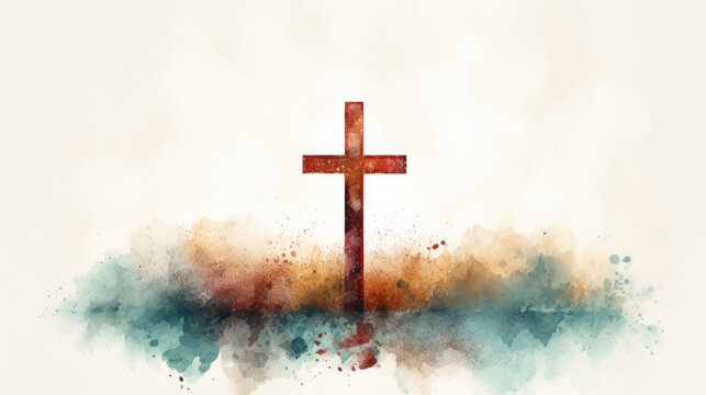 Watercolour pencil illustration of wooden cross. White background with splash pattern behind the cross. A sense of wonder and awe.