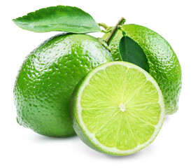 Lemon fruits and lemon slice with green leaves. File contains clipping path.