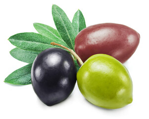 Kalamata, green and black olives with olive leaves isolated on white background.
